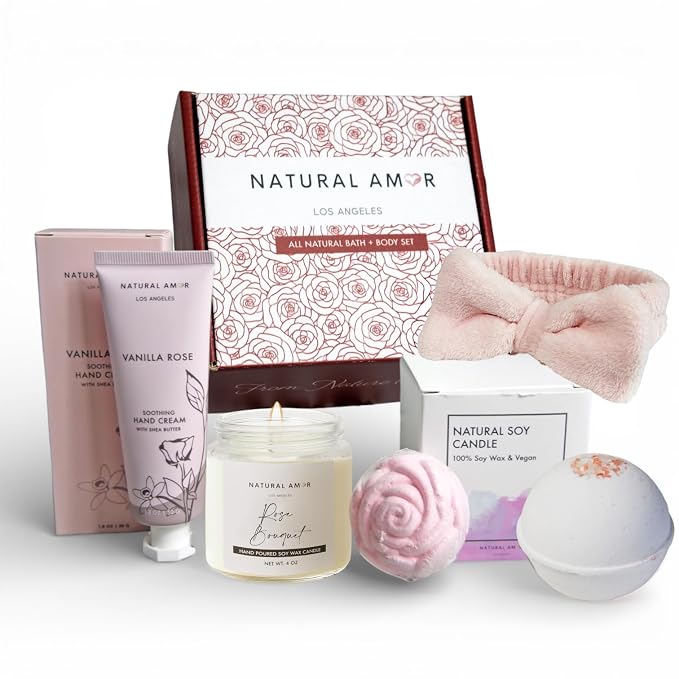 Natural Amor Relaxation Spa Gift Set for Women, 5 Piece Bath & Body Box with Candle, Hand Cream, Bath Bombs & Headband, Self Care Gift for Her