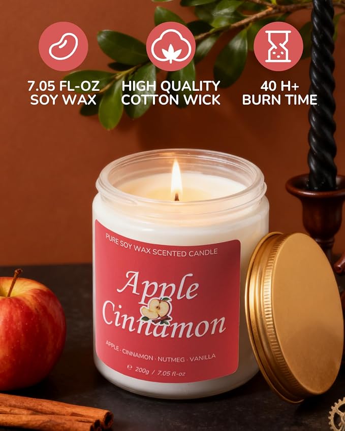 Aroma Gift for Women, Scented Candle for Home, Apple Cinnamon 7.05 oz Soy Wax 40 Hour Burn Time, Long Lasting Jar Candle, Gifts for Christmas, Halloween, Mother's Day, Aromatherapy Candle