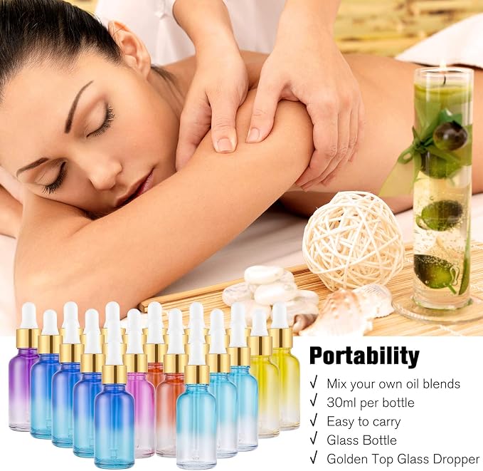 PrettyCare Glass Eye Dropper Bottles 24 Pack, 1oz (30ml) Rainbow Empty Thick Bottles Bulk with Leakproof Goledn Caps - With Labels & Funnels for Storage, Travel, Essential Oils, Cuticle, Tinctures