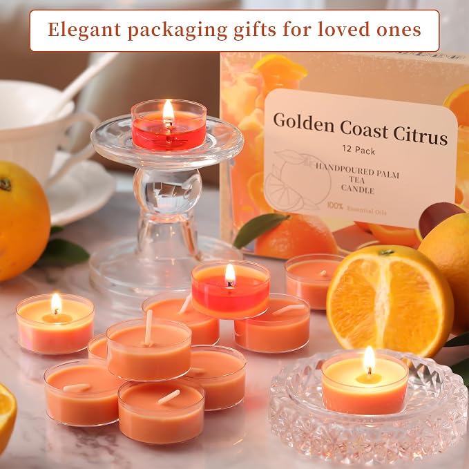 DEVI Golden Coast Citrus Highly Scented Tea Lights Candles 48 Pack, 5-6 Hours Natural Palm Tea Candles for Home Scented, Scented Small Votives with Essential Oils for Relaxing