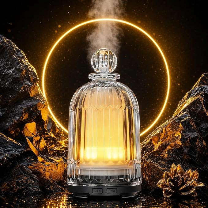 120ml Glass Diffuser, Ultrasonic Aroma Diffusers Cool Mist Humidifier with Glass Cover & Plastic Reservoir with 7 Color LED Lights, Auto Shut-Off for Office, Home, Yoga, Spa(Black Bottom)