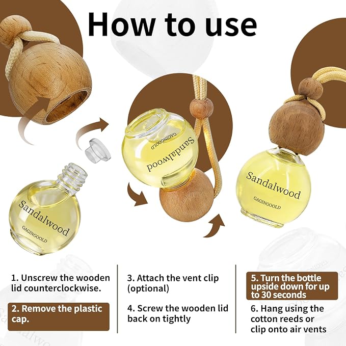 Car Air Freshener Hanging 2 Pack, Sandalwood & Terre Scent Essential Oil Diffuser Long Lasting Up to 150 Days, Cute Car Accessories with 2 Vent Clip for Women Men Gift, Odor Eliminator