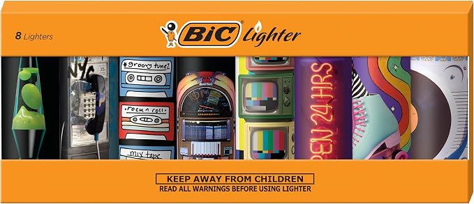 BIC Maxi Pocket Lighter, Special Edition Nostalgia Collection, Assorted Unique Lighter Designs, 8 Count Pack of Lighters