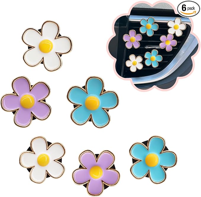 ORIESSE 6pcs Flowers Car Decor,Cute Car Air Freshener Vent Clips,Blue White Purple Daisy Flowers Air Vent Clip Accessories for Women,3cm/2.7cm Refillable Daisy Decor Diffuser
