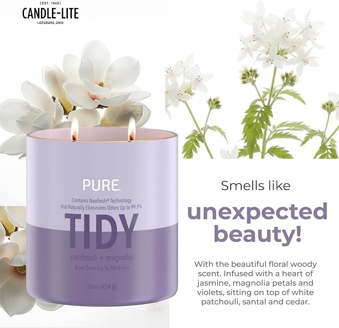 Candle-Lite Pure Patchouli & Magnolia Odor Eliminating Scented Candles, Neofresh Technology Eliminates 99.9% of Odors, 16 oz 2-Wick Jar, Proudly Poured in The USA, Up to 60 Hours Burn Time