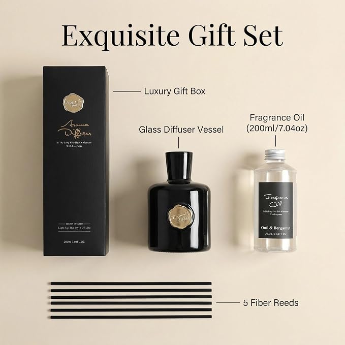 Reed Diffuser Set-Oud&Bergamot-Strong Scent, Long-Lasting Evaporation with Natural Reed Sticks & Essential Oils, Elegant Fragrance for Bathroom Bedroom Office Decor Air Fresh-Ideal Gifts