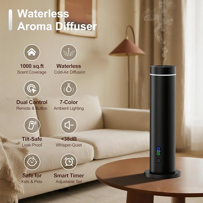 Maromalife Waterless Diffuser, Essential Oil Diffuser, 1000 Sq.Ft Coverage Scent Diffuser – Plug-in Only, Adjustable Mist, Remote, Mood Lights for Home & Office, Large Room, Hotel, Black