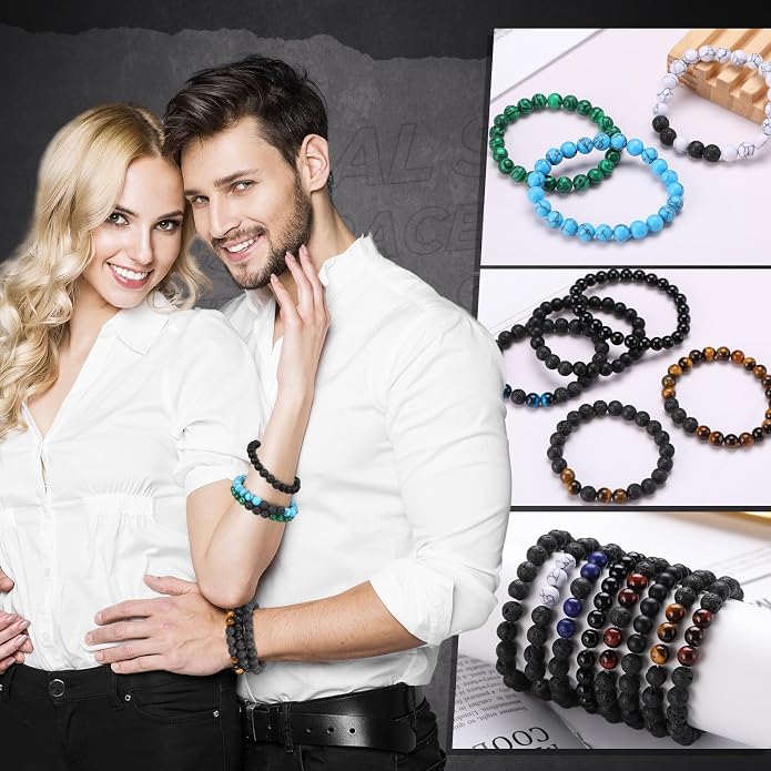 Landical 24 Pcs 8 mm Natural Stone Beads Bracelet Set Tiger Eye Men Stretch Lava Adjustable Onyx Matte Beads Essential Oil Diffuser Bracelet for Men Women Jewelry Gifts