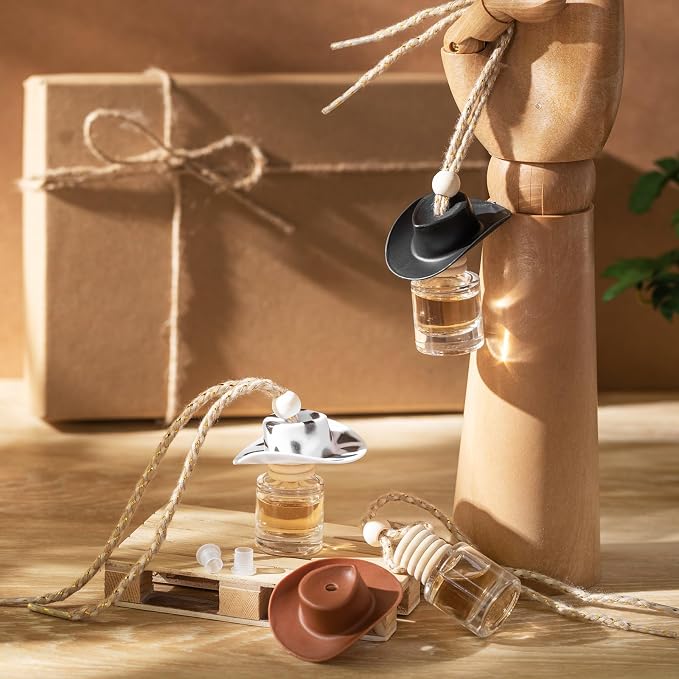 3 Pieces Cowboy Hat Air Freshener Hanging Cow Diffuser Bottles Western Country Refillable Empty Glass Perfume Bottle Car Interior Rear View Mirror Accessories(Brown, Spots, Black,Cow)