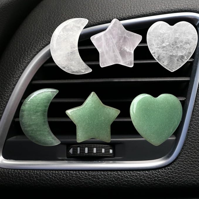 Set of 3 Crystal Stone Car Air Vent Clips, Moon Star Heart Quartz Charm Car Air Freshener Clip, Air Conditioning Outlet Clip, Cute Car Interior Decoration Accessories for Men Women (White, Unscented)