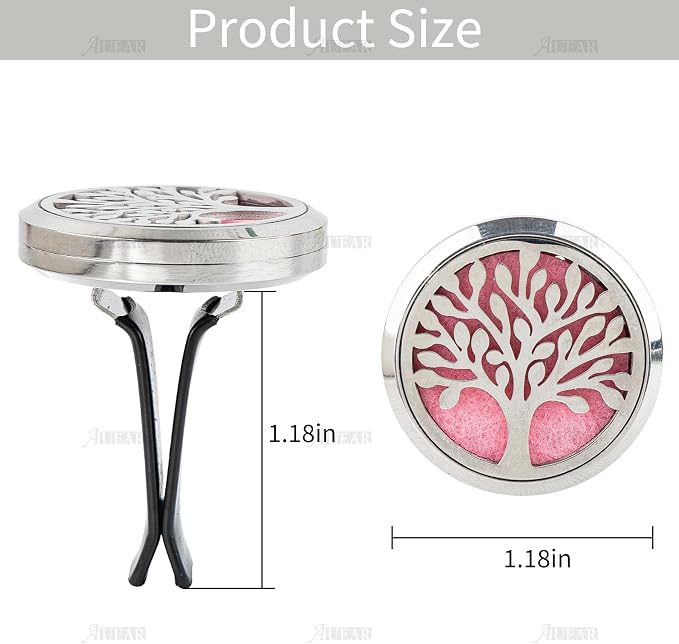 AUEAR, Tree of Life Car Diffuser Vent Clips Aromatherapy Essential Oil Diffusers 30mm Stainless Steel Lockets with 10 Felt Refill Pads