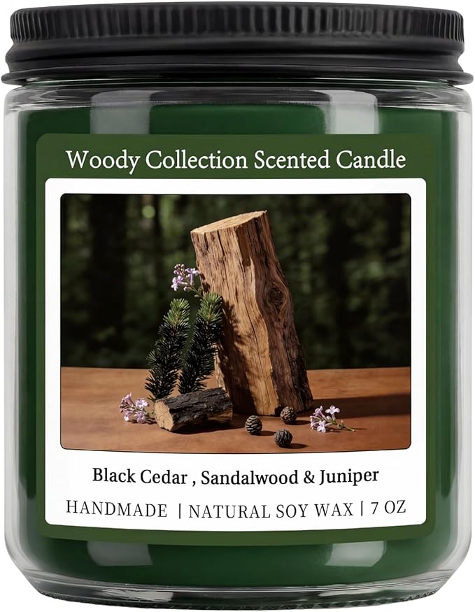 Homsolver Sandalwood Scented Candle, Natural Soy Candles with 50+ Hour Burn, 7oz Black Cedar & Sandalwood with Juniper Jar Candle, Woody Aroma for Home, Bedroom, Office, Calm and Grounded Fragrance