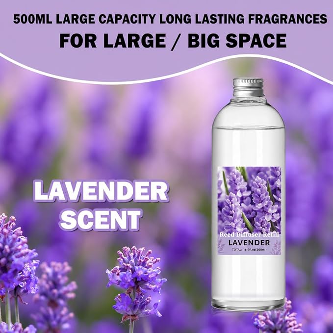 SCENTORINI Reed Diffuser Oil Refill, 16.9oz Lavender Scented Essential Oil with 6 Sticks, Long Lasting Summer Home Fragrance for Large Space Bathroom, Spa Room Aromatherapy, Hotel, Home & Office Decor