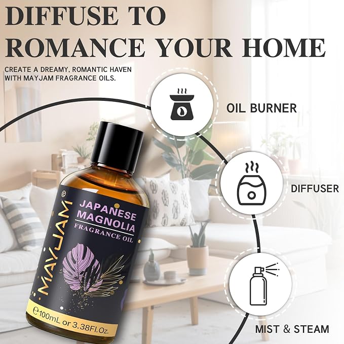 MAYJAM 100ML/3.38FL.OZ Japanese Magnolia Fragrance Oils with Glass Dropper, Essential Oils for Diffusers, Long Lasting Scented Oils for Soap Candle Making