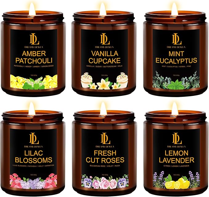 6 Pack Candles for Home Scented, Candles Gifts for Women Men, 42oz Soy Candle Set, Scents of Roses/Lemon Lavender/Vanilla Cupcake/Amber Patchouli/Lilac Blossoms/Mint Eucalyptus