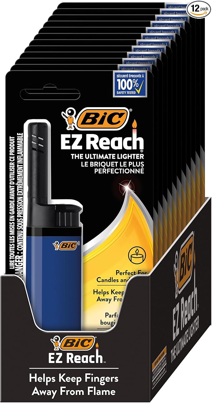 BIC EZ Reach Candle Lighter, The Ultimate Lighter with Wand for Candles, Assorted Designs, 12 Count Pack of Lighters