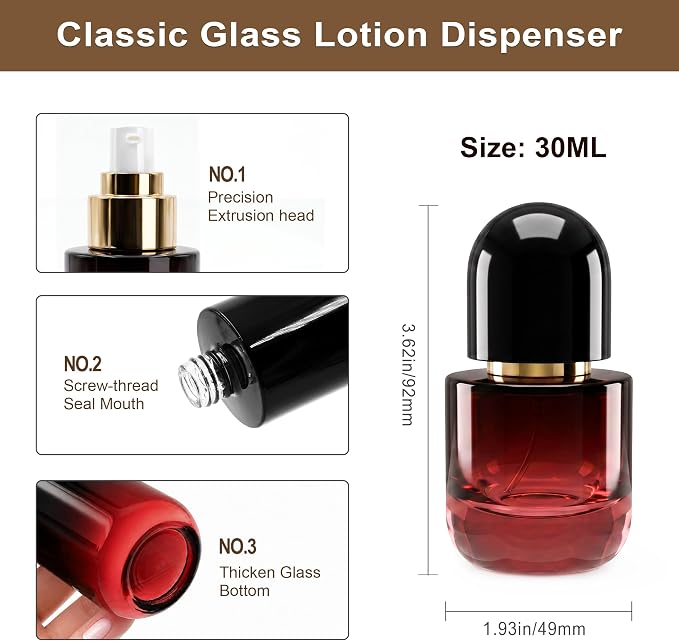 1oz Travel Pump Bottle, 30ml Gradient Glass Liquid Dispensing Bottle with 3 Transfer Tools, Leak-Proof Small Refillable Makeup Containers for Toiletries, Lotion, Essential Oils (Black-Red Gradient)