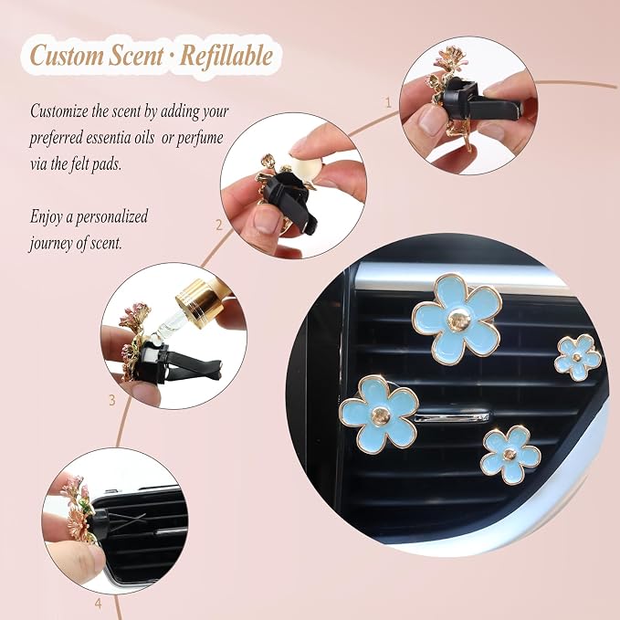 ORIESSE 4pcs Flowers Air Vent Clips Car Air Freshener,Girly Flowers Car Accessories for Women,4 Sizes Light Blue Daisy Flower Car Vent Clips Cute Car Decor,Refillable Car Diffuser