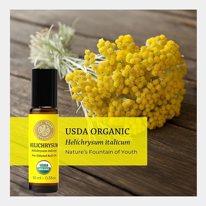 Silk Road Organic Helichrysum Italicum Essential Oil Roll on for Skin Care, Wrinkles, Scars, Bruises - USDA Certified Immortelle Oil 10ml Aromatherapy Roller - Always Pure, Always Organic