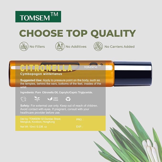 French Citronella Essential Oil Roll-On, Premium Aromatherapy Citronella Essential Oil, Fresh Herbal Scent for Skin, Outdoor & Home Use - 10ml/0.33 Fl Oz