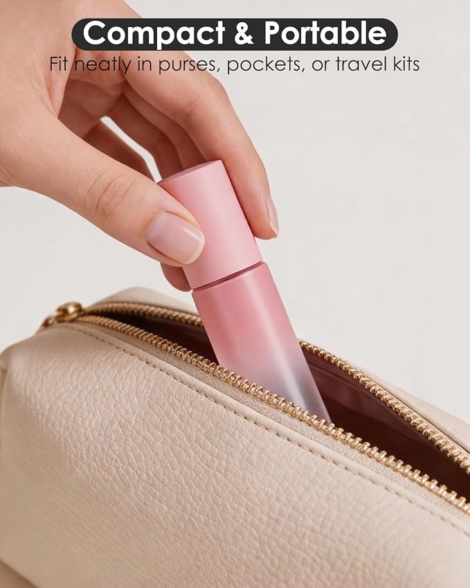 Worldgsb 12 Pack Essential Oil Roller Bottles, 10ml Refillable Glass Roller Bottles with Stainless Steel Roller Balls and Caps for Travel, Perfume and Lip Gloss Pink Gradient