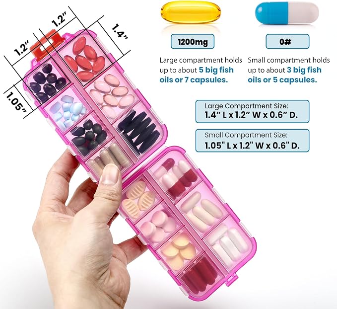 14 GRIDS Travel Pill Organizer Box with Labels - Travel Medicine Case Kit - Pocket Daily Pharmacy Container - Travel Medication Holder Dispenser for Fish Oil Vitamin Supplement Storage - Clear Pink