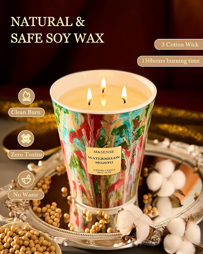M&SENSE Large Watermelon Scented Soy Candle | 35oz, 150 Hours, 3-Wick Clean Burning, Natural Summer Candles, Family-Friendly Housewarming Gift
