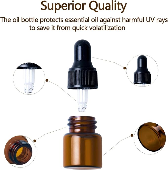 Sample Dropper Bottles, Mini Dropper Bottles with 2 Pcs Plastic Droppers for Traveling Essential Oils DIY Cosmetic Liquid Sample Perfume (Amber, 1ML)