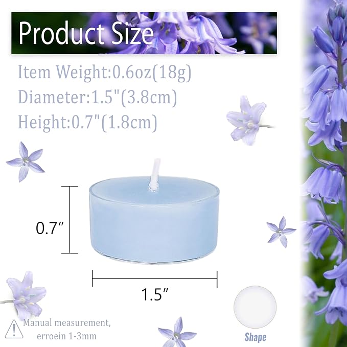 Blue Tea Lights Set of 24, Handmade Tealight Candles with Bluebell Scent, Long Burning Tea Candles, Tealights for Wedding Party Home Spa Decor Gift