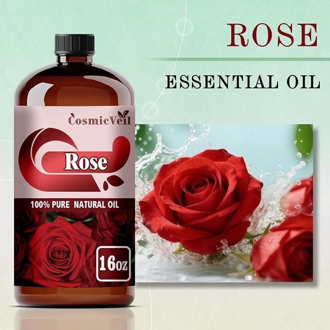 Rose Essential Oil Rose Oil for Aroma Diffuser,Humidifier,Home Fragrance,Cleaning,Body Care,Massage,Yoga,DIY Candle,DIY Soap CosmicVeil（Rose，16 Fl Oz (Pack of 1)）