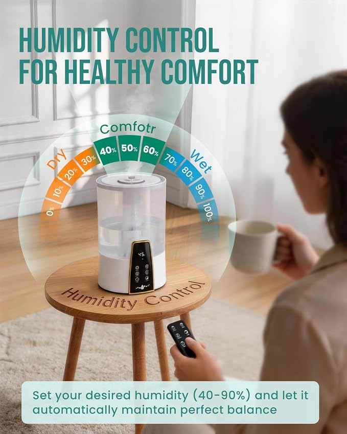 Humidifiers for Bedroom,1.06Gal(4L) Dishwasher Safe Design Easy to Clean,Top Fill,Night Light,Aroma Diffuser,Humidity Control,12H Timer,Sleep Mode,3 Level Mist,360° Nozzle,Home,Nursery,Off White