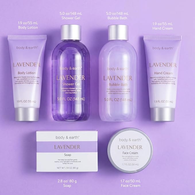 BODY & EARTH Bath and Body Gift Set - 6 Pcs Lavender Bath Kit for Women Spa Set, Birthday, Mother's Day Gift Set for Women Includes Bubble Bath, Shower Gel, Body Lotion