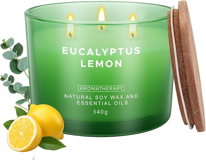 Eucalyptus Lemon Candles for Home Scented, 12oz Large Scented Candles for Women Men, Natural Soy Aromatherapy Candle, 70 Hours Long Burning Amber Jar Candle Gifts for Mom, Dad, Her, Wife