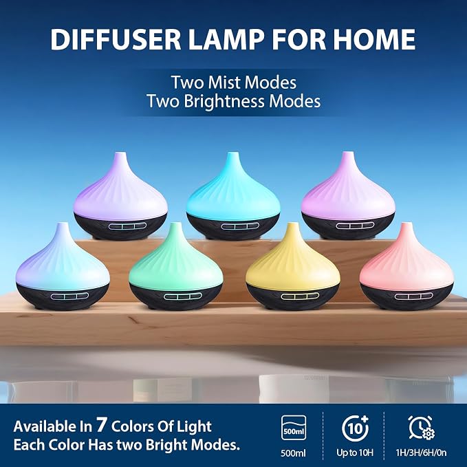 Aromatherapy Diffuser & 12 Essential Oils Set, 500 ML Ultrasonic Diffuser for Home, Cool Mist Humidifier with 14 Colour Changes, Timer and Auto-Off Function