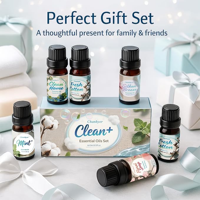 Clean Essential Oils Set 6x10ml-Fresh Linen,Mint,Clean Home,Silken Breeze,Fresh Cotton,Floral Soap for Diffuser,Home Fragrance