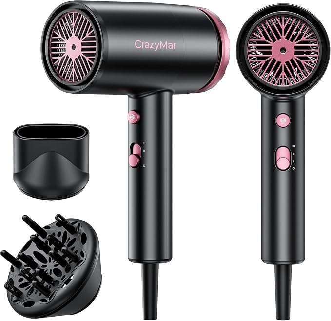 CrazyMar Hair Dryer, 1800W High Speed Blow Dryer for Fast Drying,500 Million Negative Ionic Hair Dryer, No Heat Damage, Lightweight, Blow Dryer with Diffuser for All Hair, Travel, Home (Back-1)