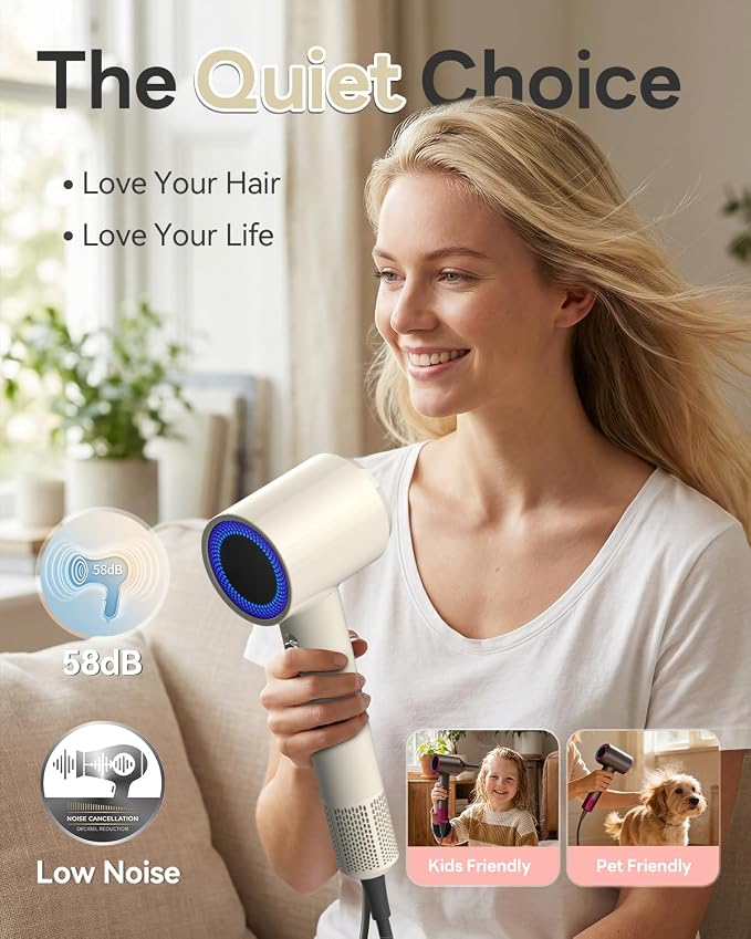 Blow Dryer, 160000RPM Brushless Motor Blow Dryer with 500M Negative Ions Fast Drying Hairdryer, Thermo-Control Low Noise Compact Hair Dryer with 2 Magnetic Nozzles for Curly or Straight Hair