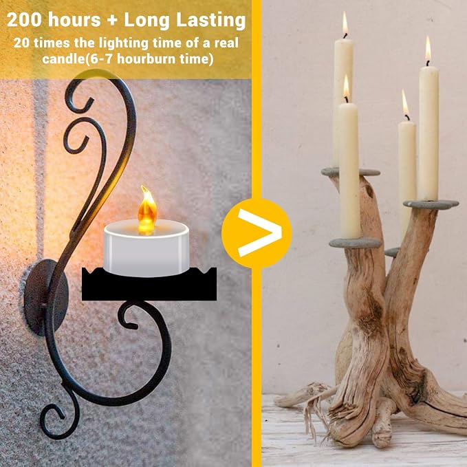 Battery Operated Tea Lights (24 Pack), Realistic Flickering Flameless Candles (200+ Hours), Soft Amber Glow for Home Decor, Dinner Party, Mother's Day Gift & Relaxation (Warm Yellow)