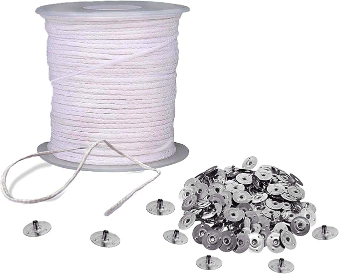 BEADNOVA Braided Candle Wick Spool with Base Set 200 ft Cotton Candle String Roll and 300pcs Wick Clips Sustainer Tabs for Making DIY