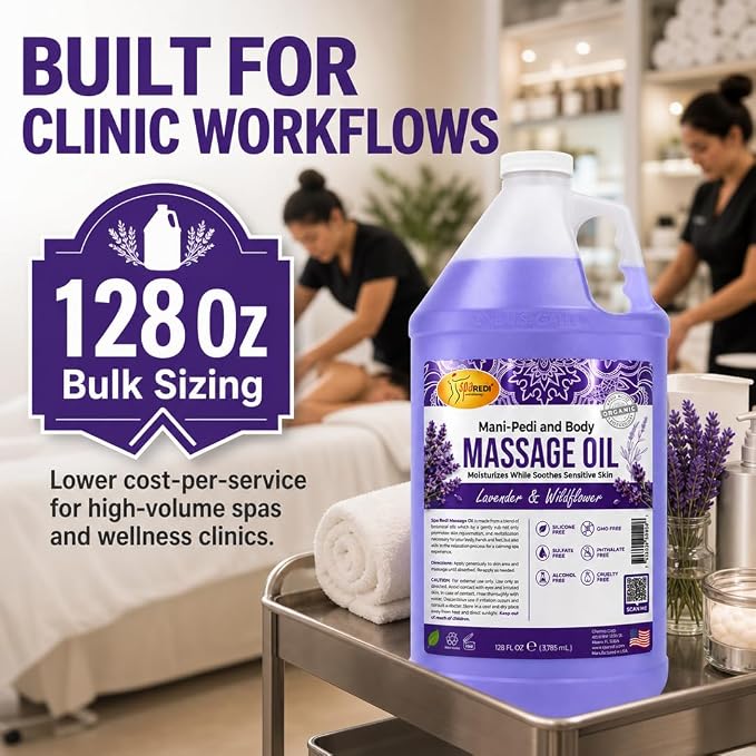 SPA REDI - Massage Oil, Lavender Wildflower, 128 Oz Professional Pedicure, Manicure, Full Body Massage Therapy With Almond Oil, Cotton Seed Oil, Sunflower Oil, Avocado Oil, Essential Oils Pkg May Vary