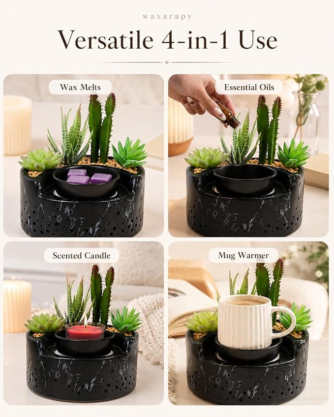 4-in-1 Ceramic Wax Warmer, Electric Scented Wax Melter with Hot Plate, 7-Color LED Candle Warmer Lamp, Aromatherapy Oil Diffuser & Succulent Marble Decor, for Yoga Room Home Office, Gift for Women