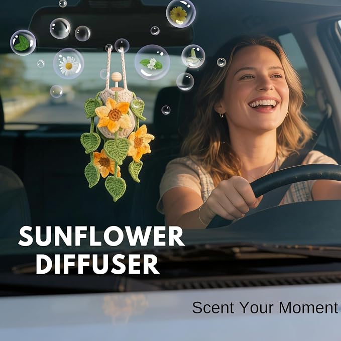 ROFIGL Handmade Crochet Hanging Car Air Freshener - Sunny Sunflower Design, 12ml Refillable Thick Glass Bottle, Car Diffuser for Rearview Mirror, Home & Office Cheerful Decor