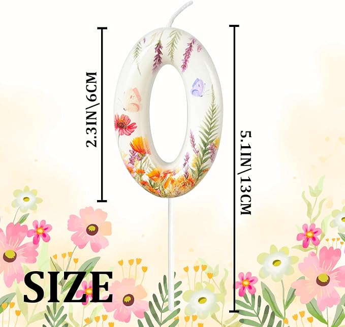 Number 0 Birthday Candle for Cake – Floral Botanical Design with Butterfly Detail – Elegant Cake Topper for Birthday, Garden Party Decoration