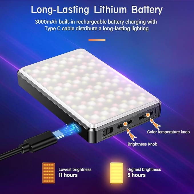 120 RGB Video Light, Photography Light, Color Temperature 2500-9000K 360° Full Color with 20 Lighting Effects, 3000mAh Battery, OLED Display, DSLR Lighting for TikTok, Photography, Video Conference