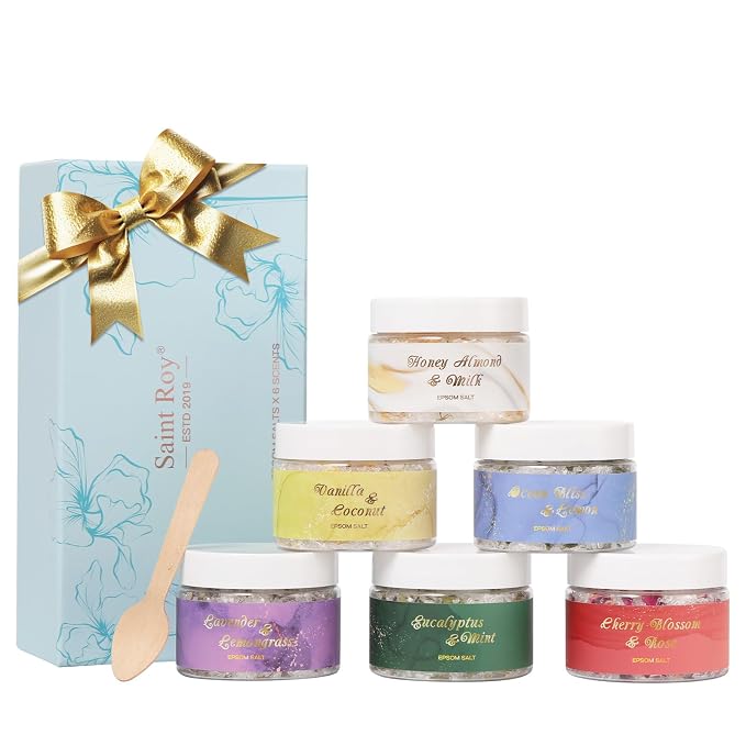 6-Pc Floral Epsom Salt Gift Set for Women Bath Salt, Bath and Body Gift Set | Bath and Body Gift Set in Elegant Box, Christmas Spa Gifts for Women, Mothers Day Birthday Gifts for Men spa kit Mom Bath Set