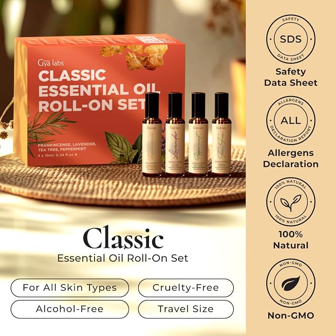 Gya Labs Classic Roll on Essential Oils Set - 0.34 Fl Oz Each - Essential Oil Set Relaxation Womens Gifts for Christmas - Blends for Calm, Aromatherapy Stocking Stuffers, Relaxing Gifts for Women