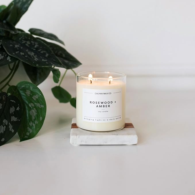 Calyan Wax Co. Rosewood & Amber 2 Wick Scented Candle - 37 Hour Burn - Luxury Clean Soy Wax Candles - Long Lasting Large Glass Jar Candle for Home - 8.8oz