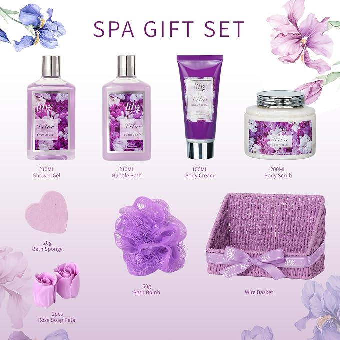 Gifts for Women, Birthday Gift - 9 Pcs Lavender Bath and Body Gift Basket, Set Spa Gift Basket for Women, Gift Baskets, Spa Kit | Christmas, Mothers Day, Valentines Day Gift Set for Her All Occasion