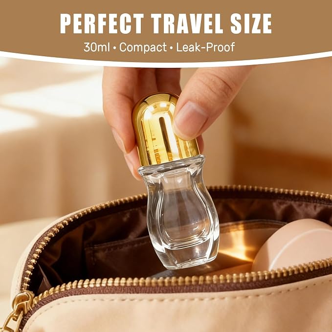 Rose Quartz Roller Waisted Bottles for Essential Oils,30ml Refillable Clear Glass Roll On Bottles with Natural Crystal Roller Balls, Leak-Proof Travel Perfume Bottle with Gold Caps