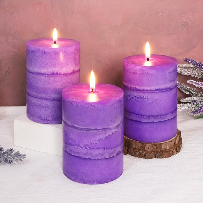 Dark Purple Pillar Candles Lavender Scented Decorative Aesthetic Long Clean Burning Fragrance Candle for Wedding Meditations Modern Home Decor Set of 3